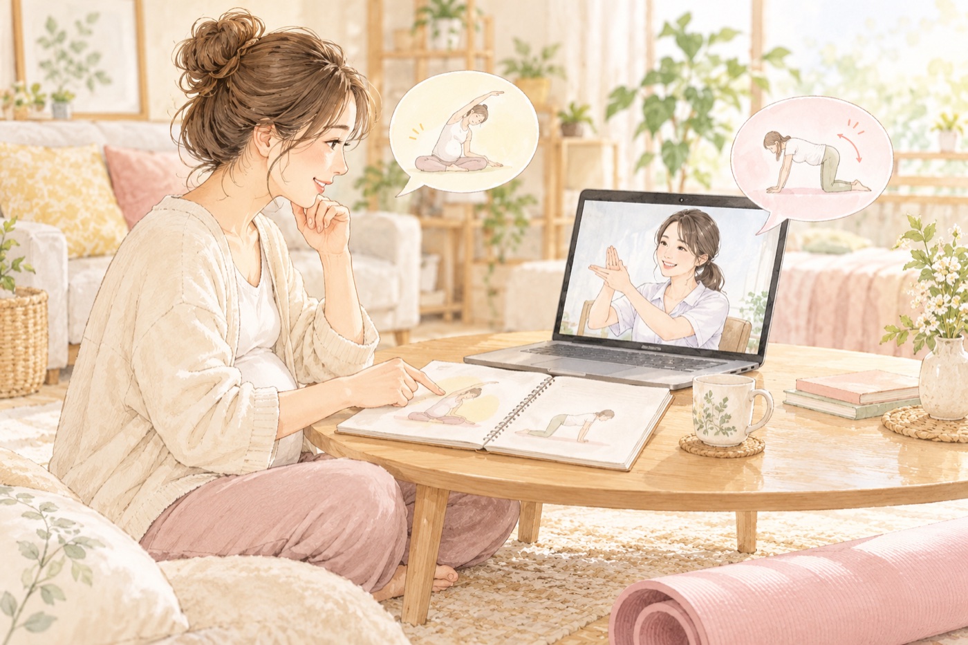 運動の取り組み方について画面の講師と相談する女性のイラスト