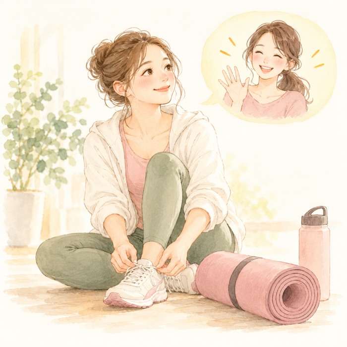 ほかのママの応援を受け、運動の準備を始める女性のイラスト