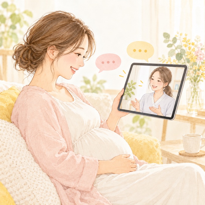 画面越しの専門家に相談する妊婦のイラスト