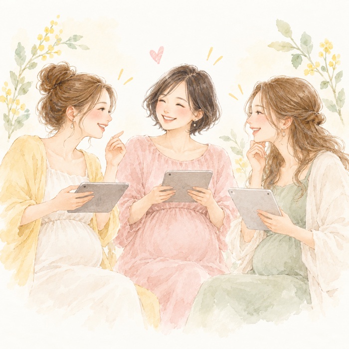 画面を通して話し、応援しあうママたちのイラスト