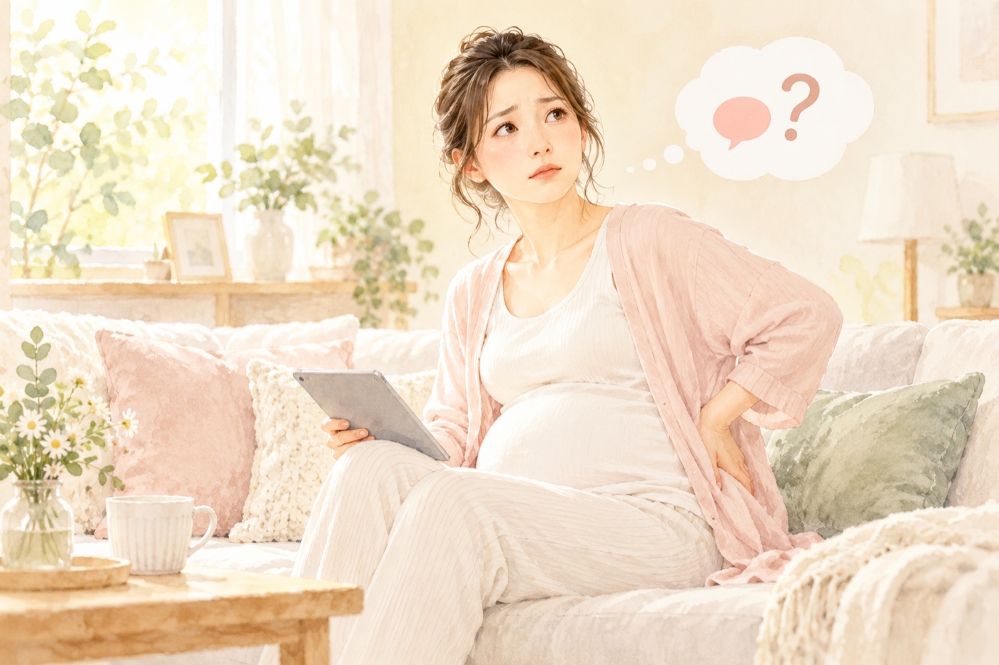 腰のあたりに手を添え、相談先が分からず考える妊婦のイラスト