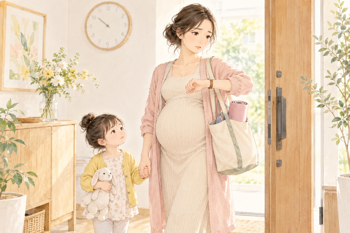 大きなお腹の妊婦が子どもと玄関で時計を気にするイラスト