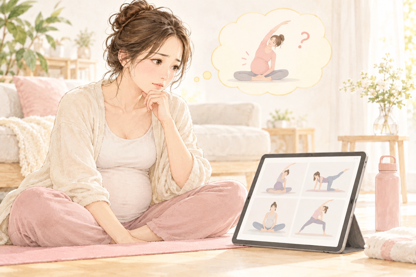 動画を見ながら、自分に合う内容か迷う妊婦のイラスト