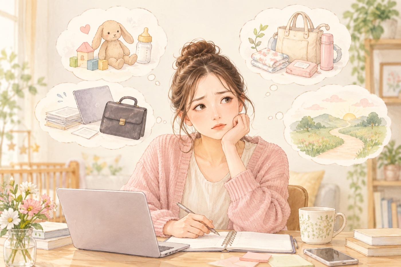 子育て、準備、仕事、これからを思って不安そうな女性のイラスト