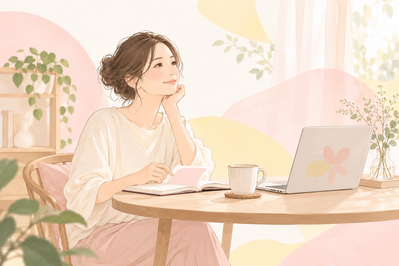 ノートを開き、子どもへの声かけと自分のあり方を考える女性のイラスト