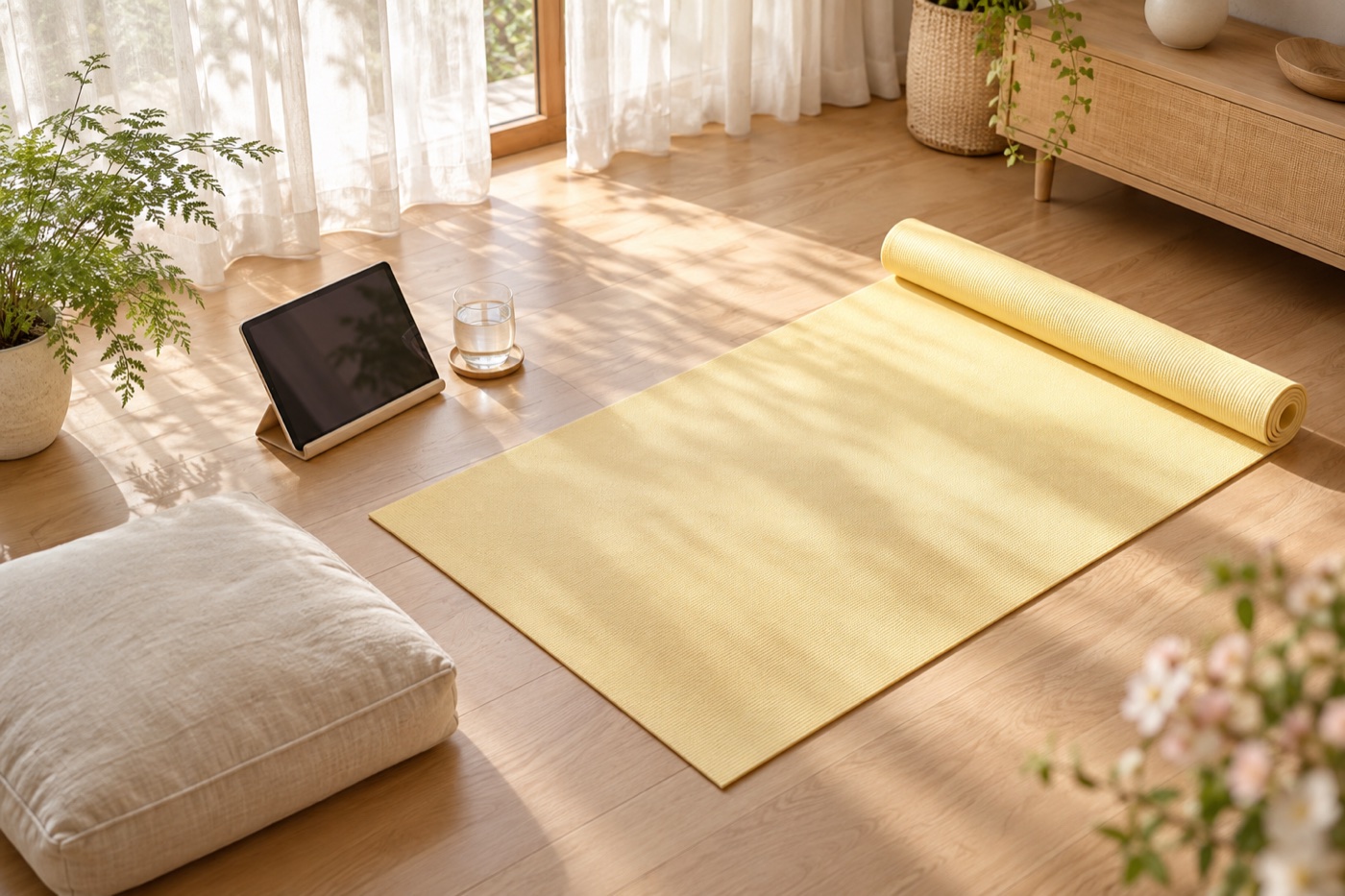 家に用意したマットとタブレットのイメージ